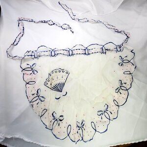 VTG White Blue Waist Half Apron Bow & Fan Cottagecore Farm Chore Boho Chic *READ